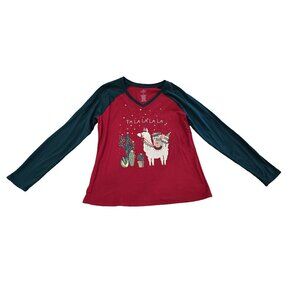 St. Johns Bay Women's Red Long Sleeve Llama Cactus Graphic V Neck T Shirt Size M